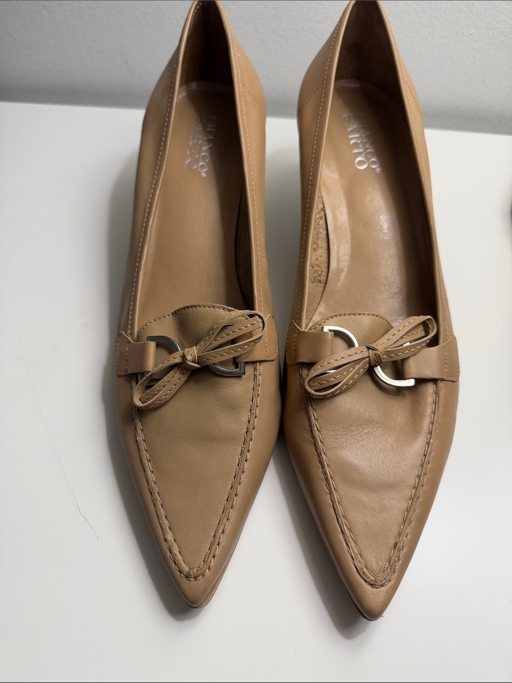 Franco Sarto Tan Pointed Toe Leather Flats with Bow Detail